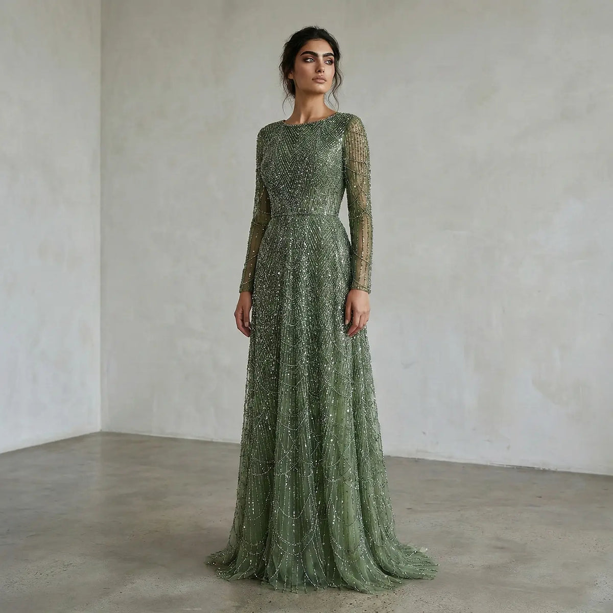 Luxury Green Sequin Beaded Shiny Long Sleeve Evening Dress SS625 Luxury Green Sequin Beaded Shiny Long Sleeve Evening Dress SS625
