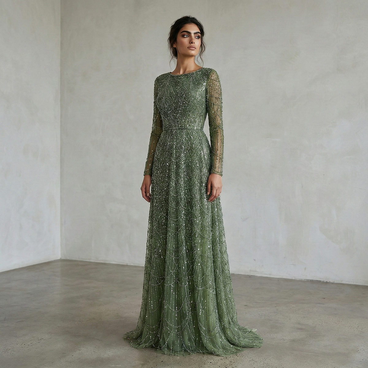 Luxury Green Sequin Beaded Shiny Long Sleeve Evening Dress SS625 