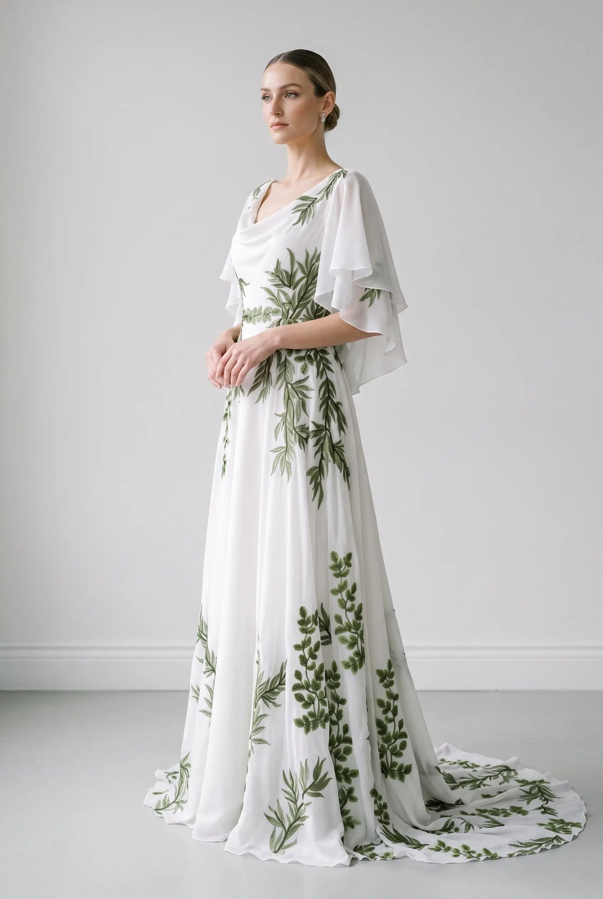 White Green Botanical Cape Boho Wedding Dress SW642