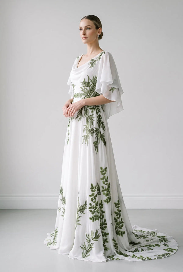green botanical dress White Cape Boho Wedding SW642 Maxi dress