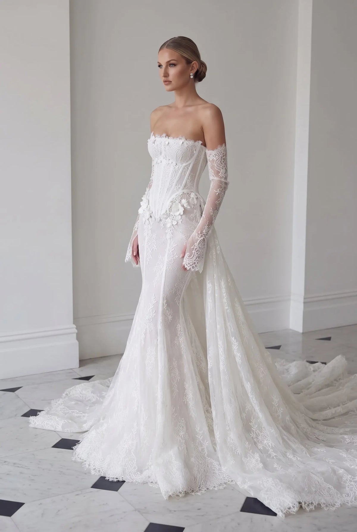 White Lace Applique Corset Cathedral Wedding Dress SW671