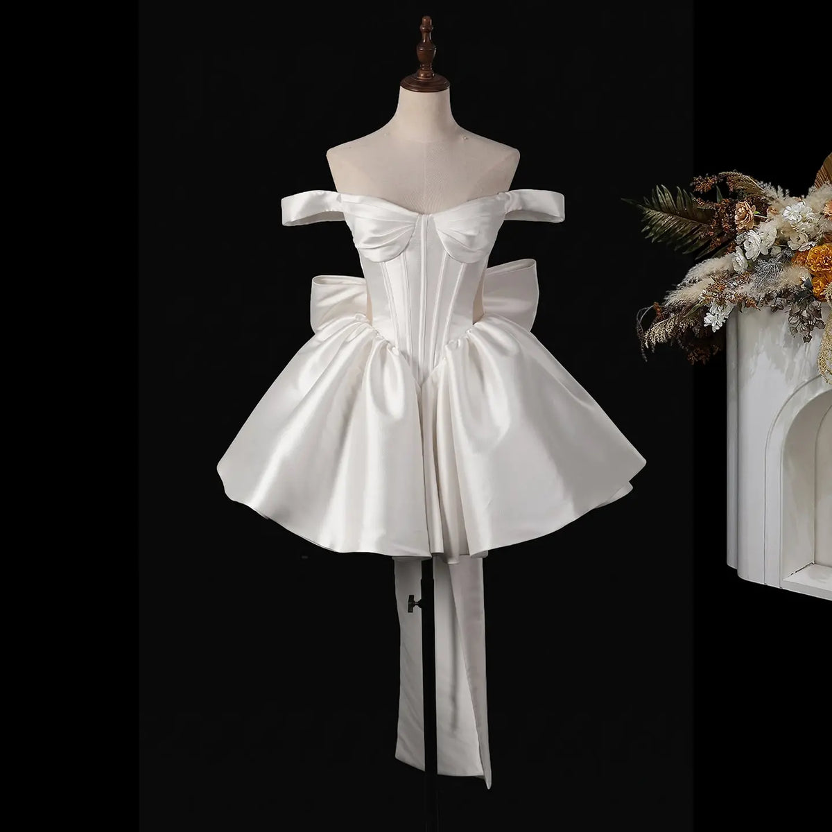 Elegant Lvory Off-the-Shoulder Satin Wedding Dress with Large Bow SW720 Elegant Lvory Off-the-Shoulder Satin Wedding Dress with Large Bow SW720