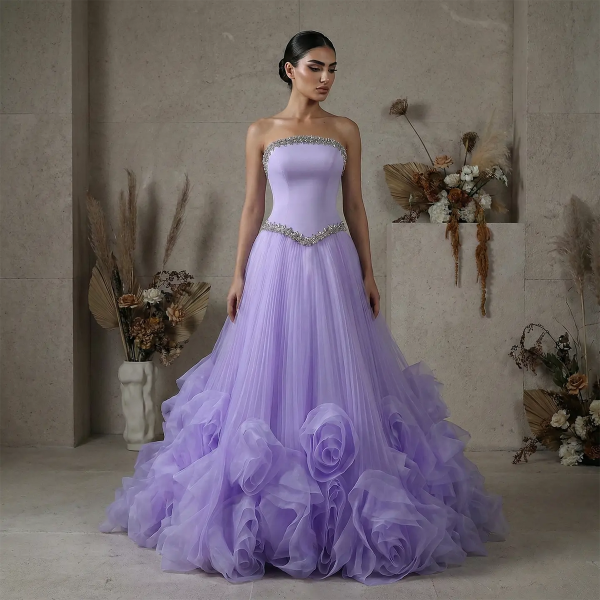 Luxury Lilac 3D Floral Strapless Tulle Evening Dress with Scarf SS310 