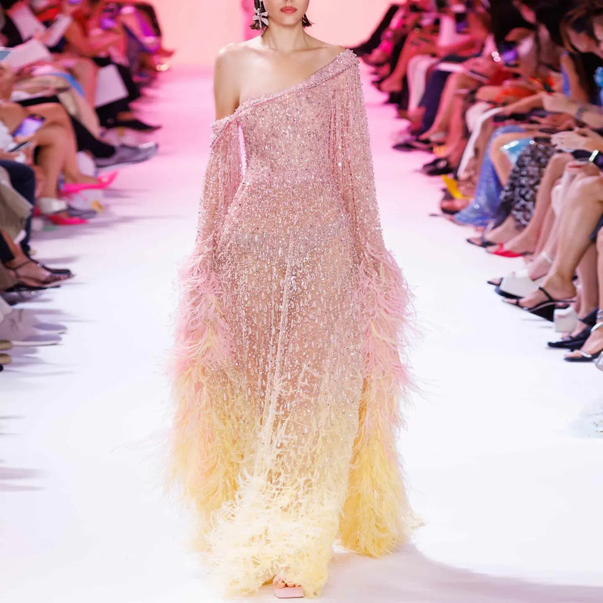Luxury Feather One Shoulder Evening Dress with Cape Sleeves SS438 Luxury Feather One Shoulder Evening Dress with Cape Sleeves SS438