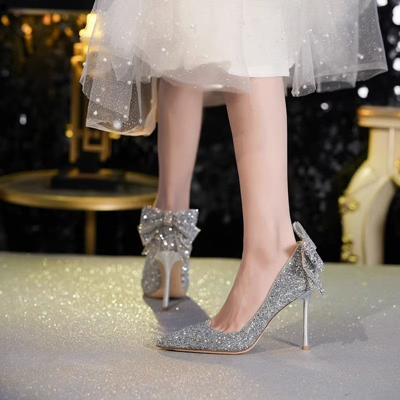 Luxury Silver Crystal Bow High Heels 