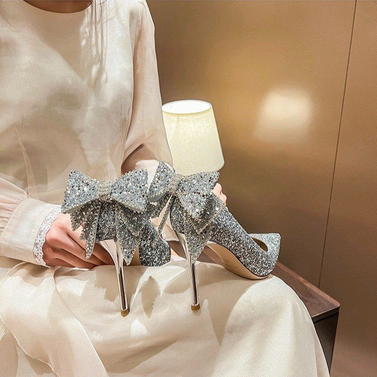Luxury Silver Crystal Bow High Heels 