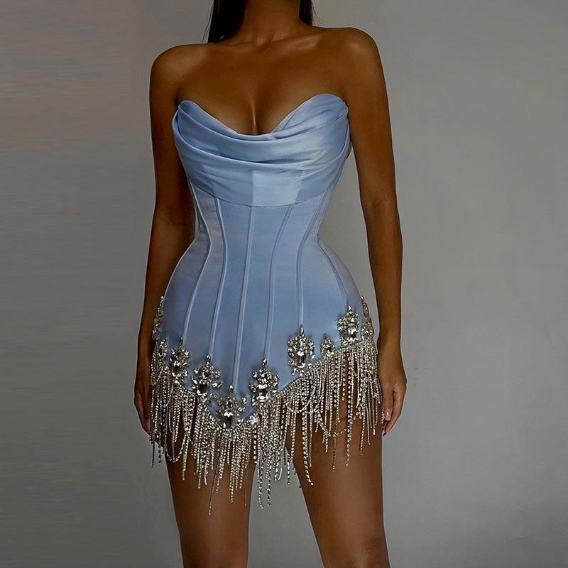 Luxury Crystal Tassel Strapless Blue Short Cocktail Dress RM010