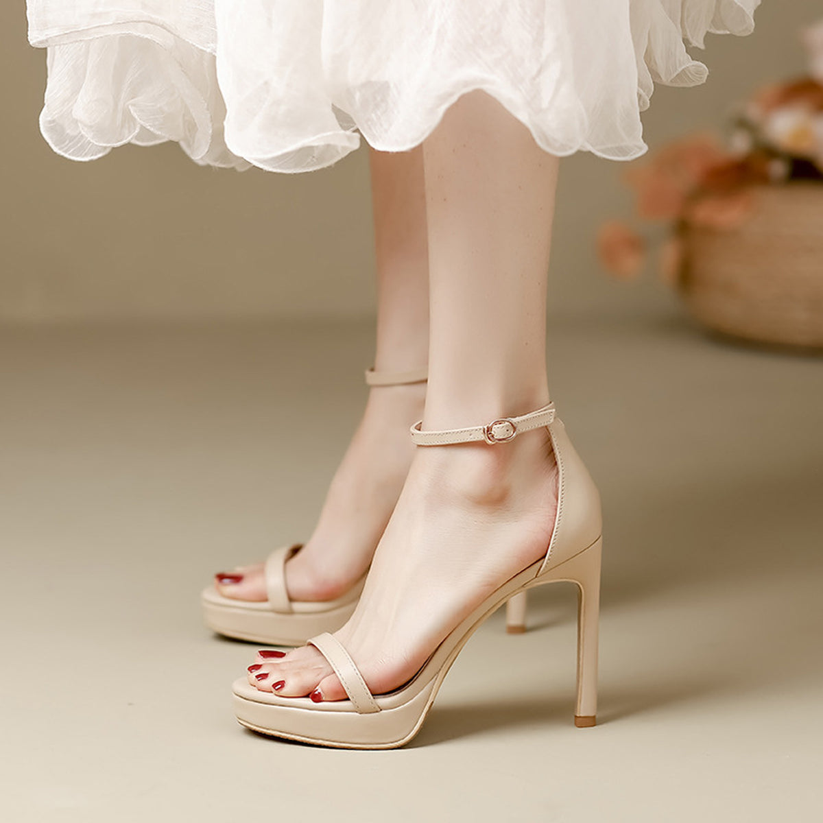 Nude Ankle Strap High Heels 
