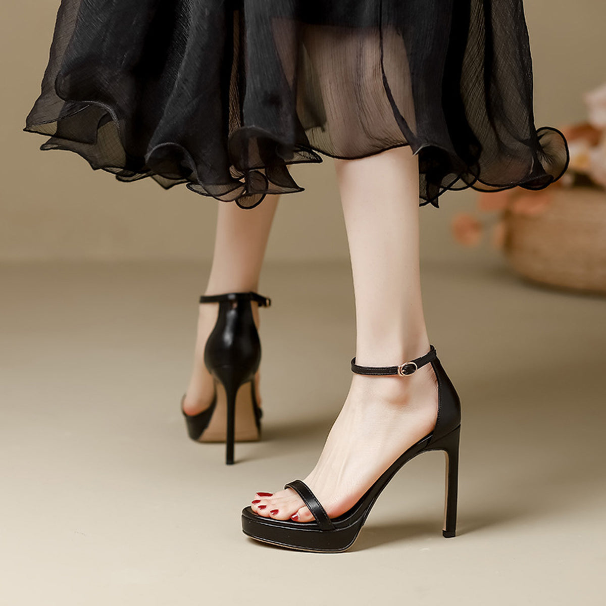 Nude Ankle Strap High Heels 