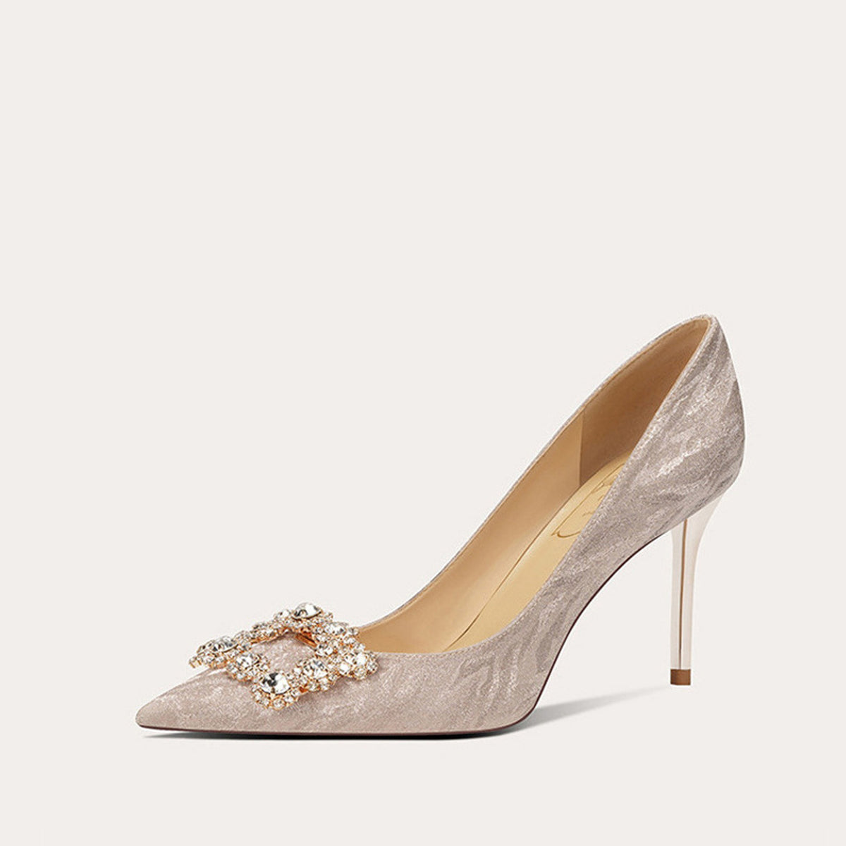 French Square Buckle Rhinestone Sheepskin High Heel 