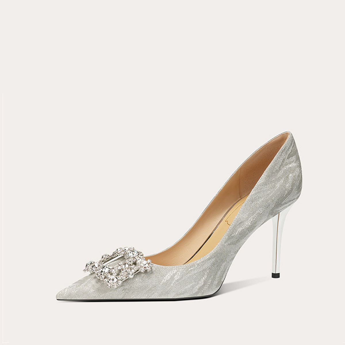 French Square Buckle Rhinestone Sheepskin High Heel 