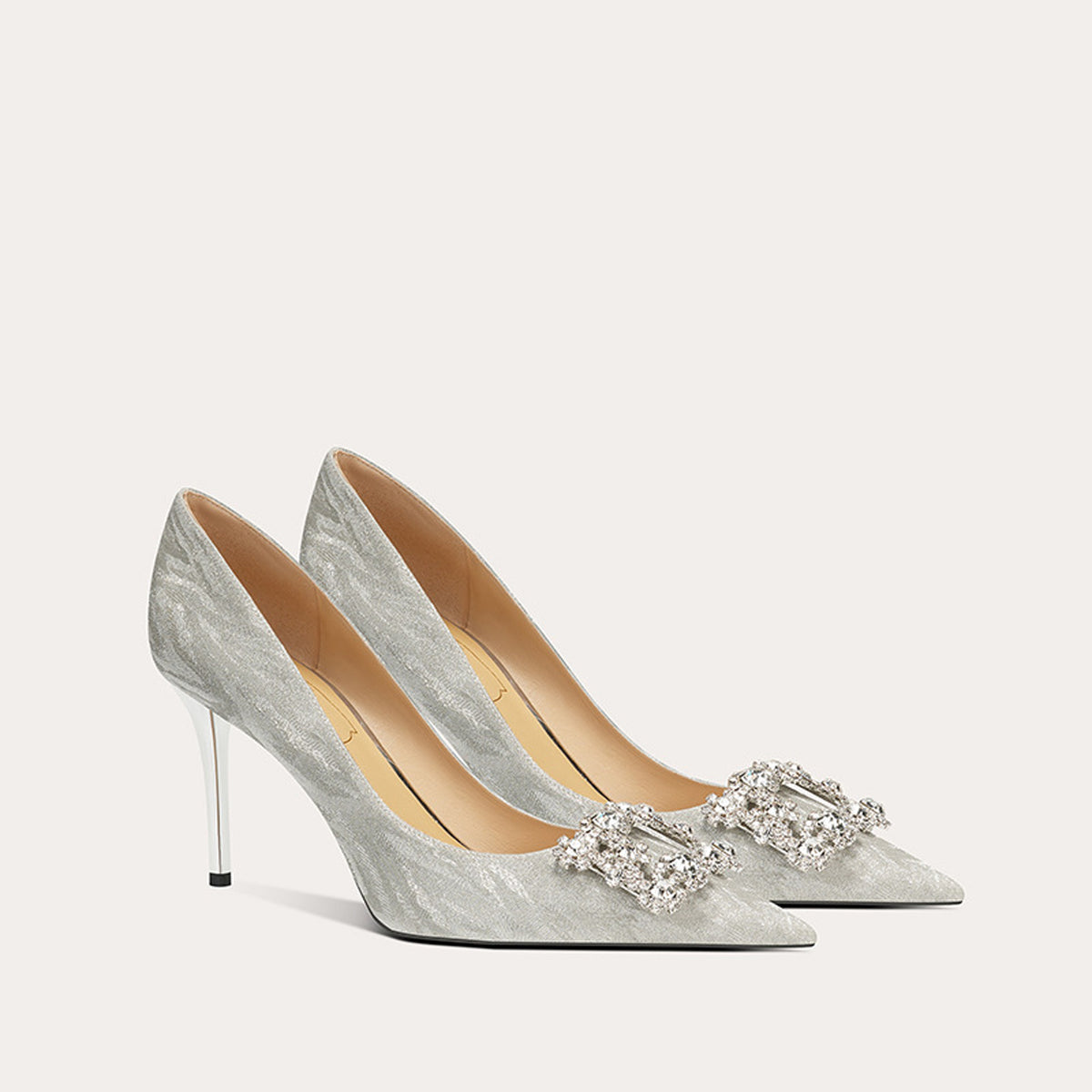 French Square Buckle Rhinestone Sheepskin High Heel 