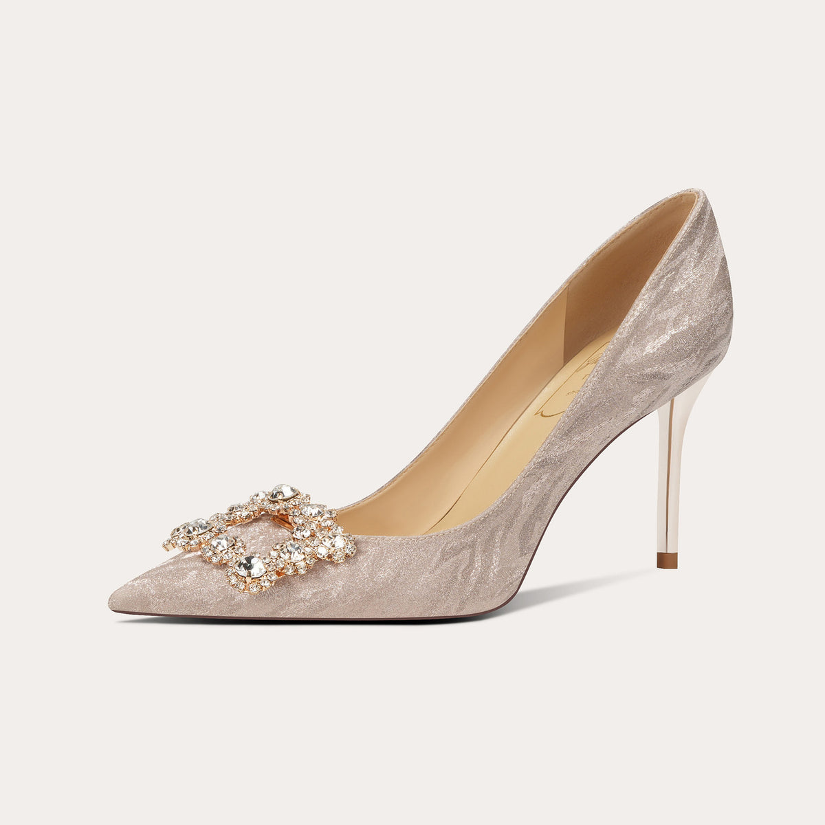 French Square Buckle Rhinestone Sheepskin High Heel 