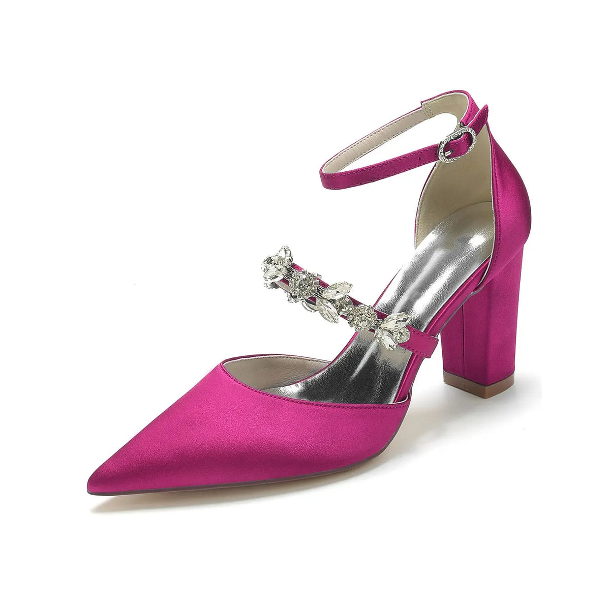 Pointed-Toe Block-Heel Pumps with Ankle Strap and Rhinestones HH022 