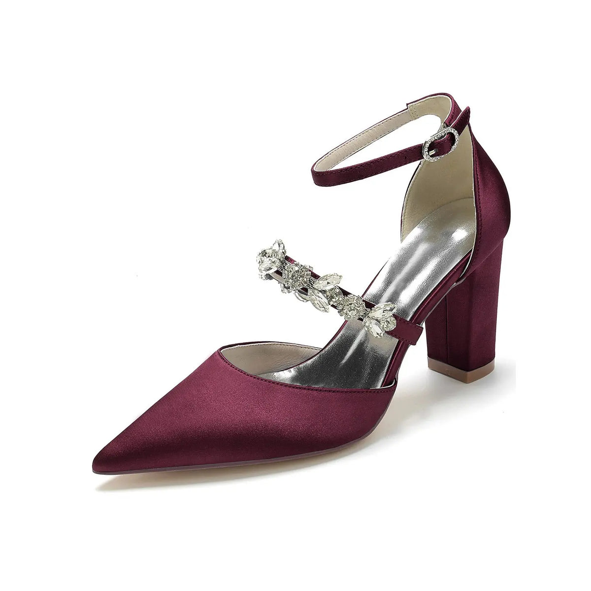 Pointed-Toe Block-Heel Pumps with Ankle Strap and Rhinestones HH022 