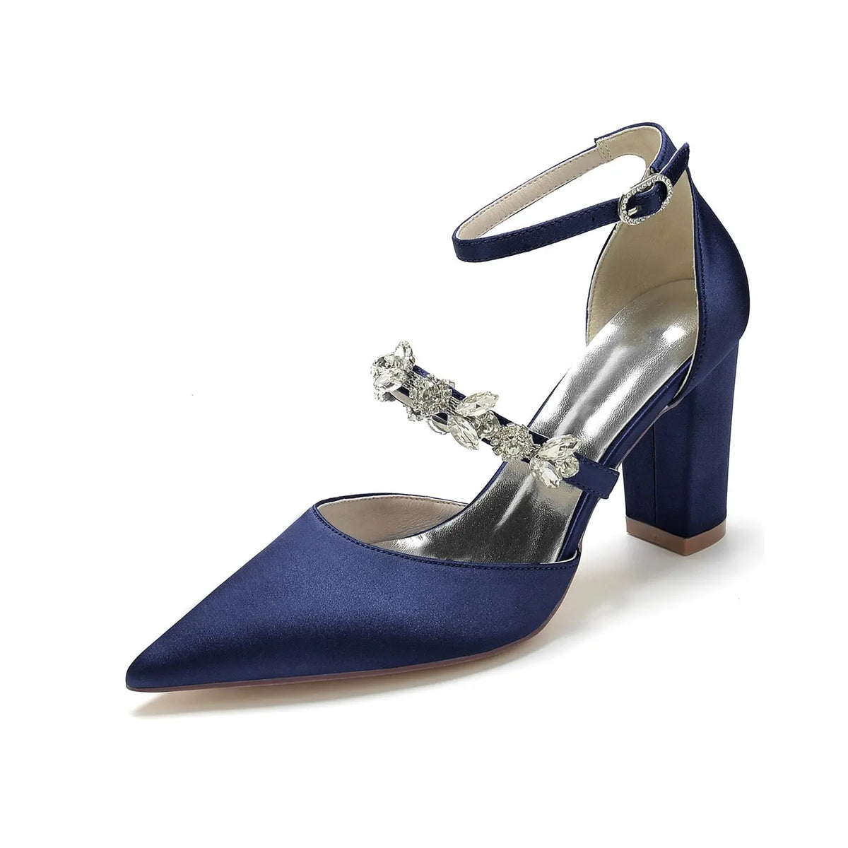 Pointed-Toe Block-Heel Pumps with Ankle Strap and Rhinestones HH022 
