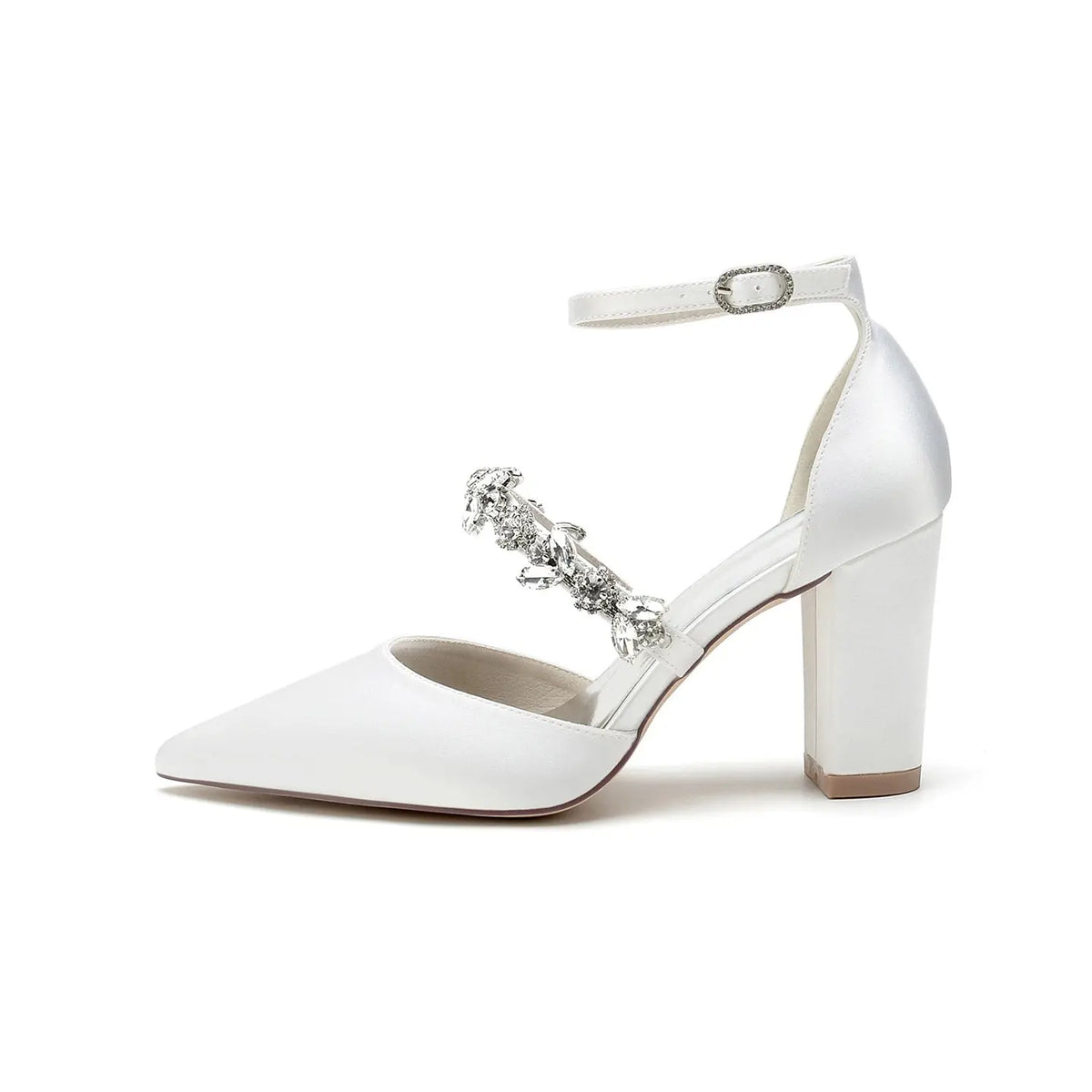 Pointed-Toe Block-Heel Pumps with Ankle Strap and Rhinestones HH022 