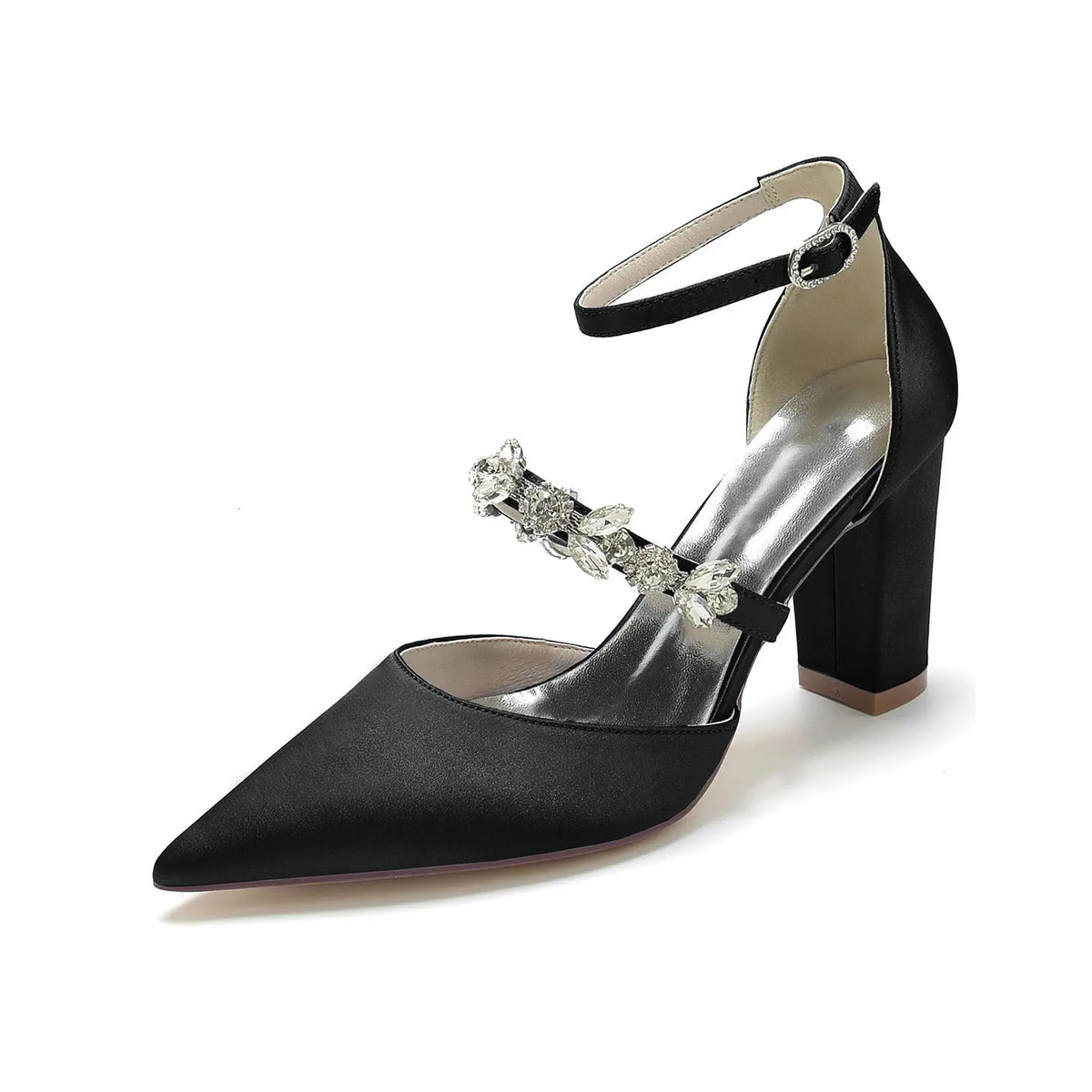 Pointed-Toe Block-Heel Pumps with Ankle Strap and Rhinestones HH022 