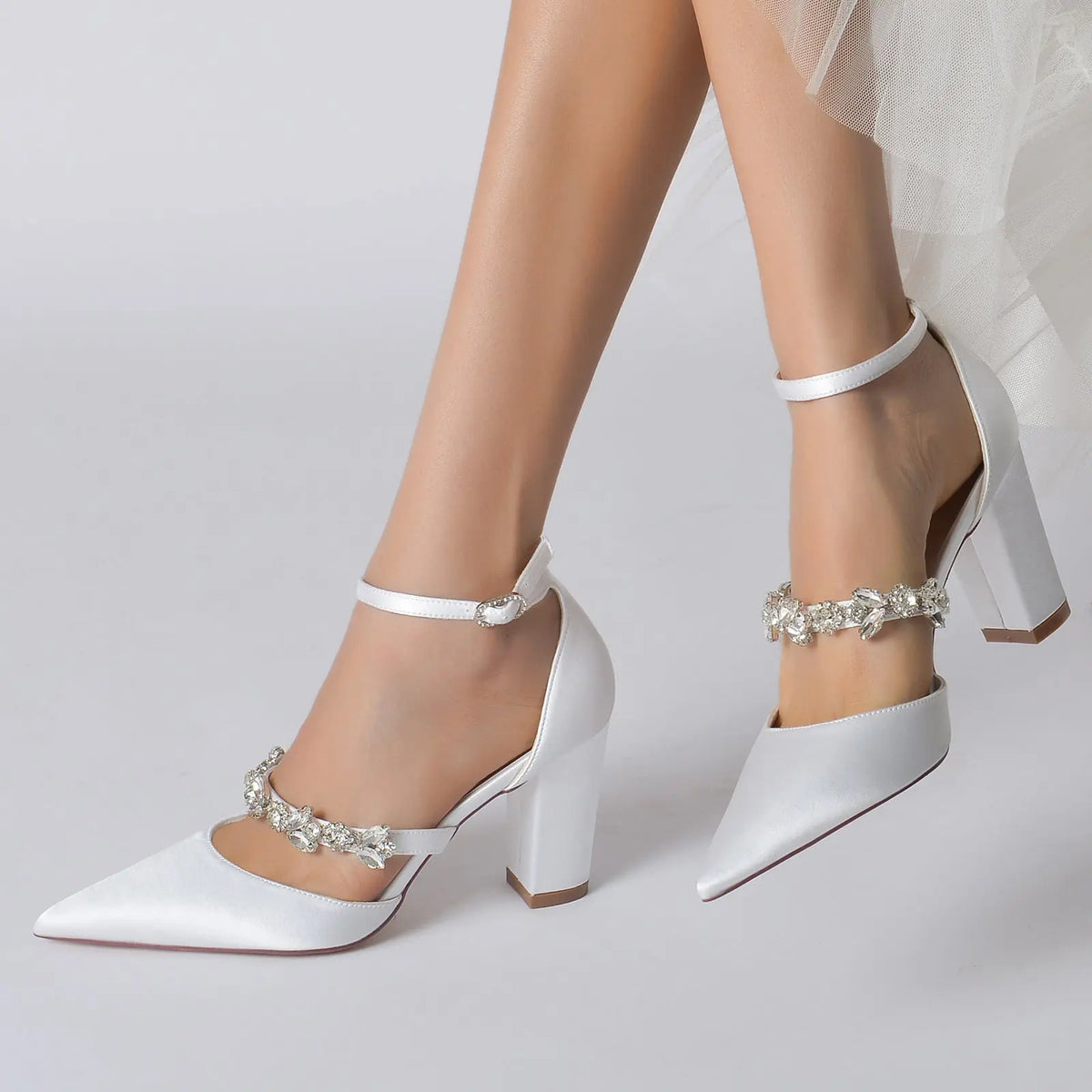 Pointed-Toe Block-Heel Pumps with Ankle Strap and Rhinestones HH022 
