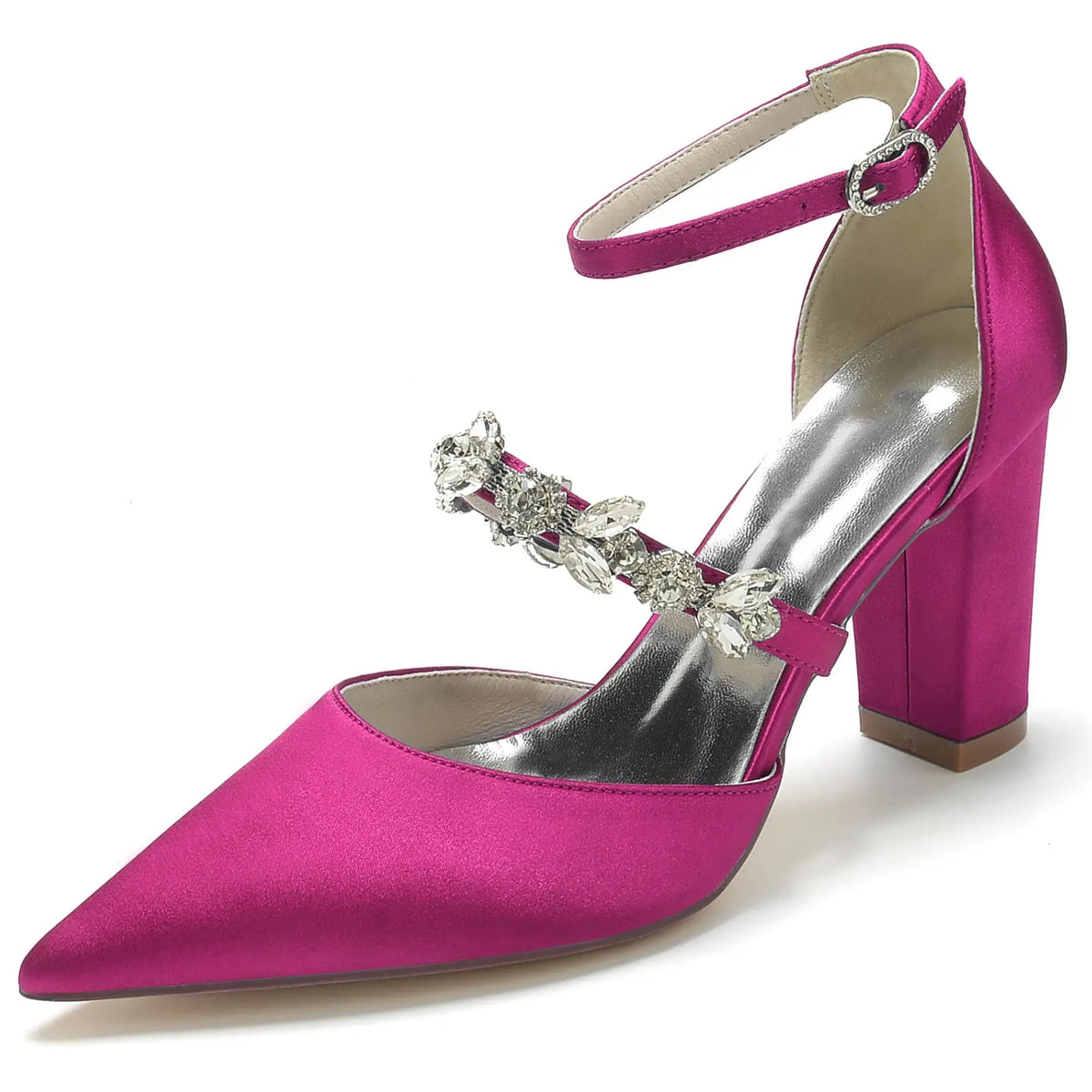 Pointed-Toe Block-Heel Pumps with Ankle Strap and Rhinestones HH022 