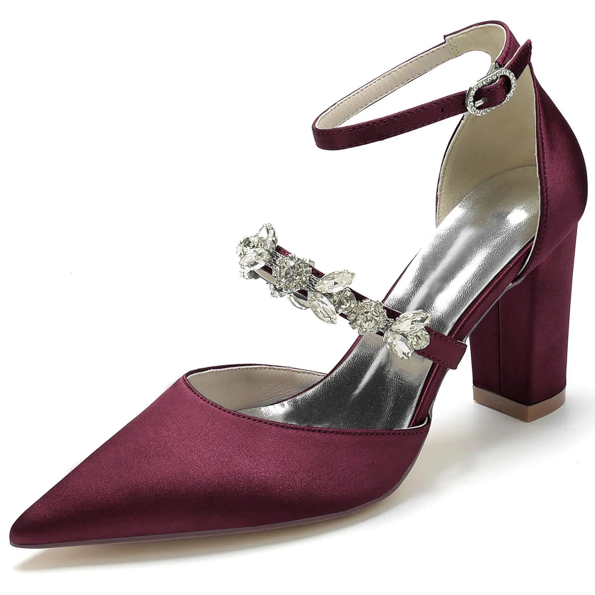 Pointed-Toe Block-Heel Pumps with Ankle Strap and Rhinestones HH022 