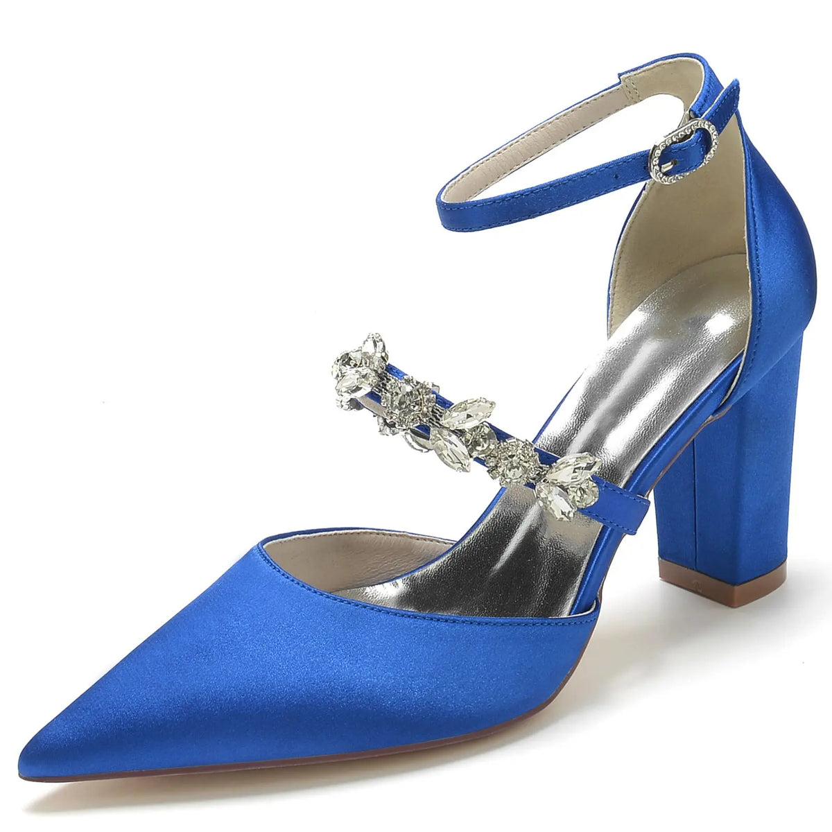 Pointed-Toe Block-Heel Pumps with Ankle Strap and Rhinestones HH022 