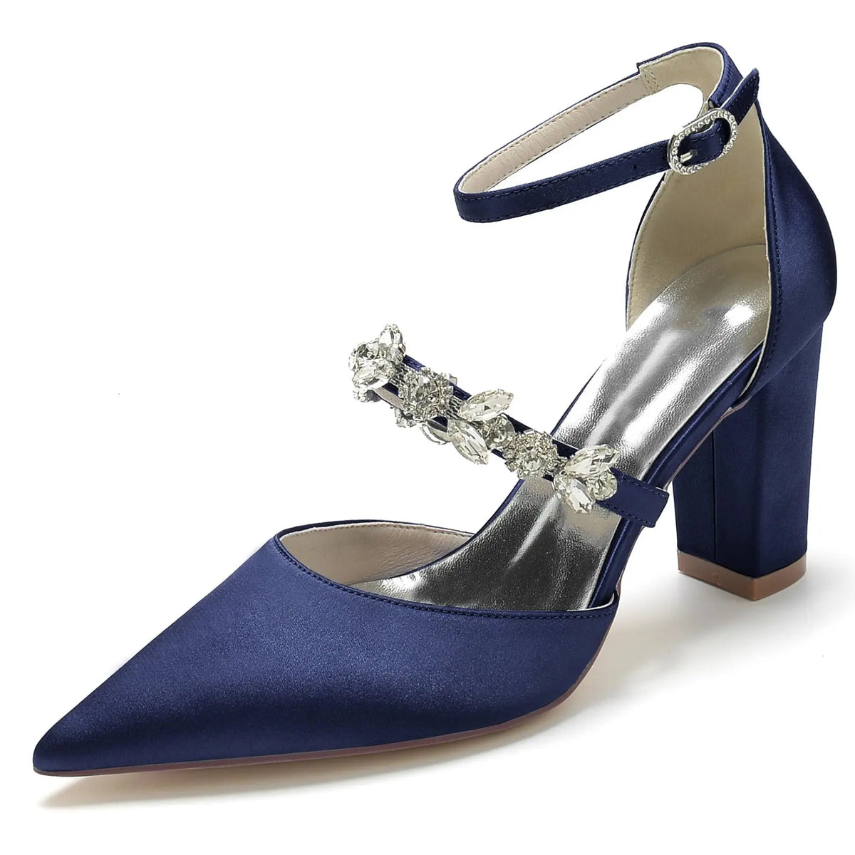 Pointed-Toe Block-Heel Pumps with Ankle Strap and Rhinestones HH022 