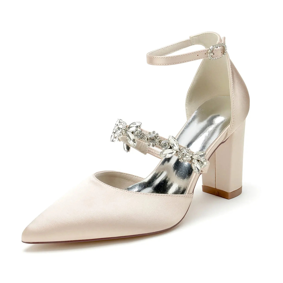 Pointed-Toe Block-Heel Pumps with Ankle Strap and Rhinestones HH022 