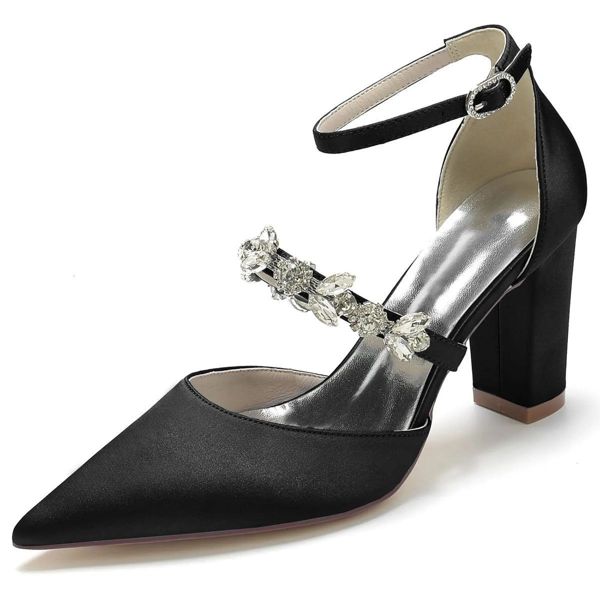 Pointed-Toe Block-Heel Pumps with Ankle Strap and Rhinestones HH022 