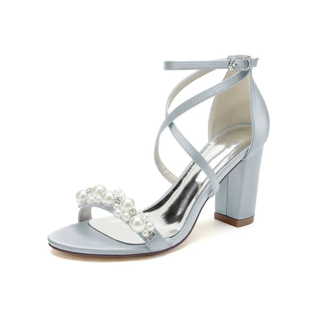 Satin Pearl Beaded Crisscross Strap Block High Heel HH023 