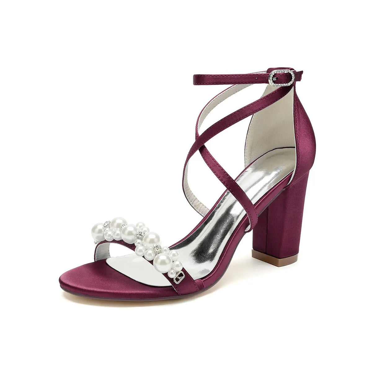 Satin Pearl Beaded Crisscross Strap Block High Heel HH023 