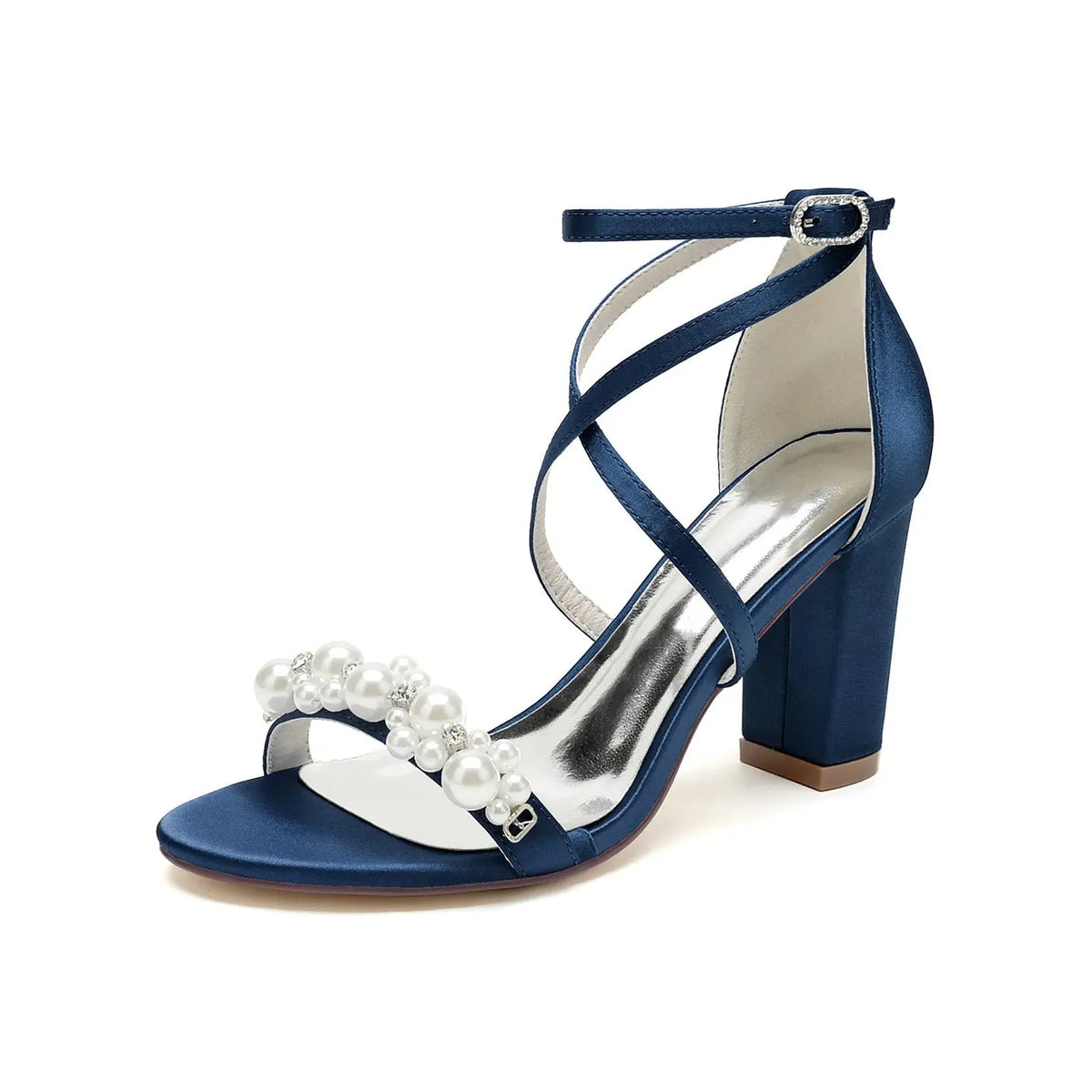 Satin Pearl Beaded Crisscross Strap Block High Heel HH023 