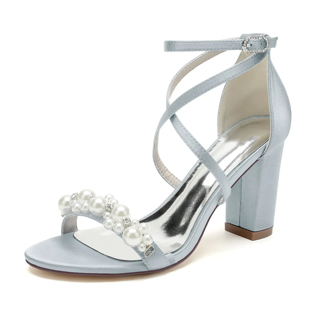 Satin Pearl Beaded Crisscross Strap Block High Heel HH023 
