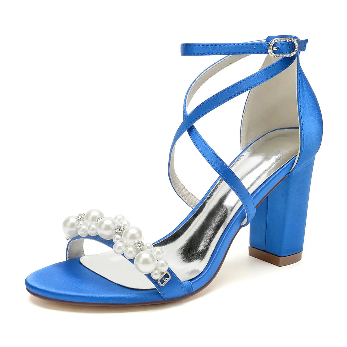 Satin Pearl Beaded Crisscross Strap Block High Heel HH023 