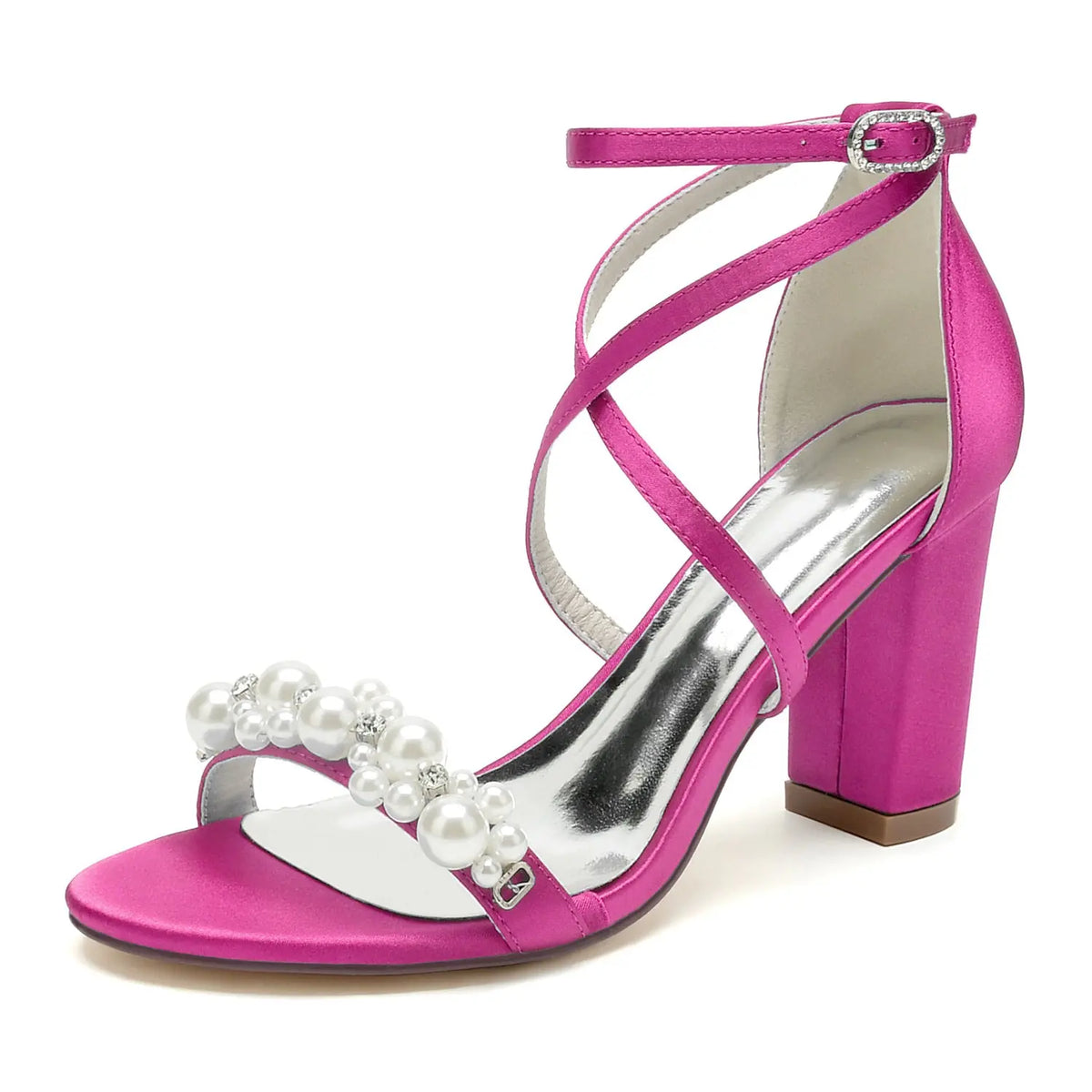 Satin Pearl Beaded Crisscross Strap Block High Heel HH023 