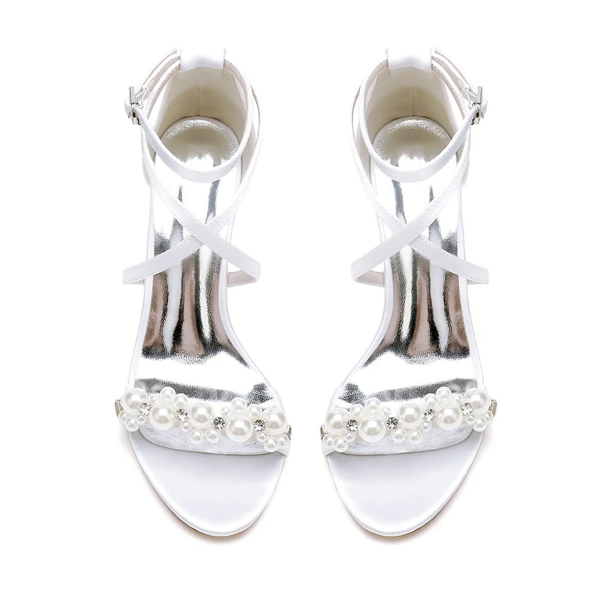 Satin Pearl Beaded Crisscross Strap Block High Heel HH023 