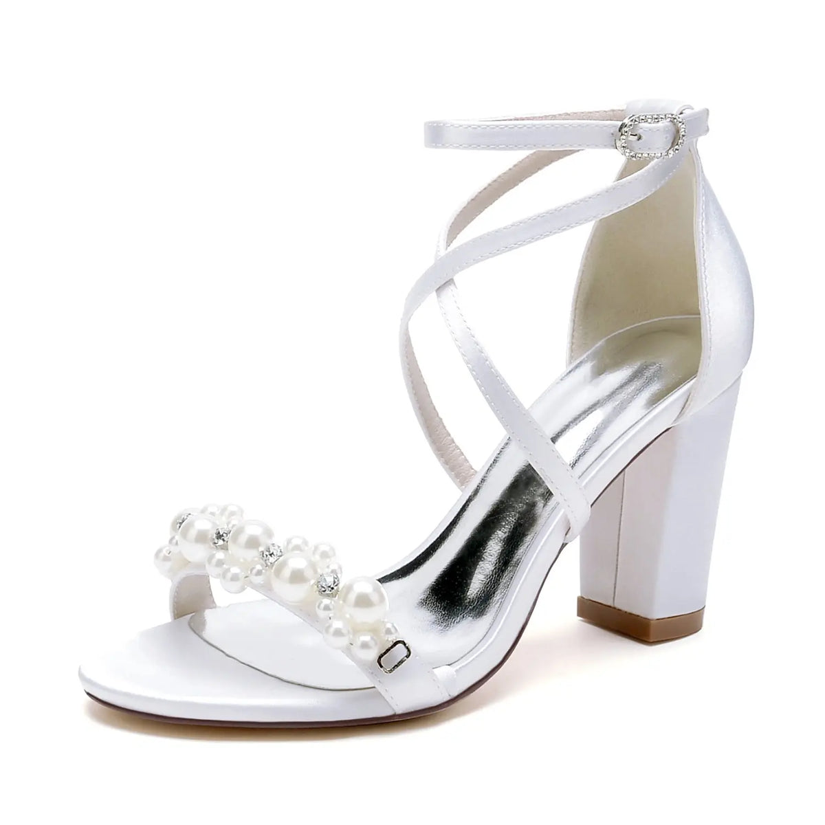Satin Pearl Beaded Crisscross Strap Block High Heel HH023 
