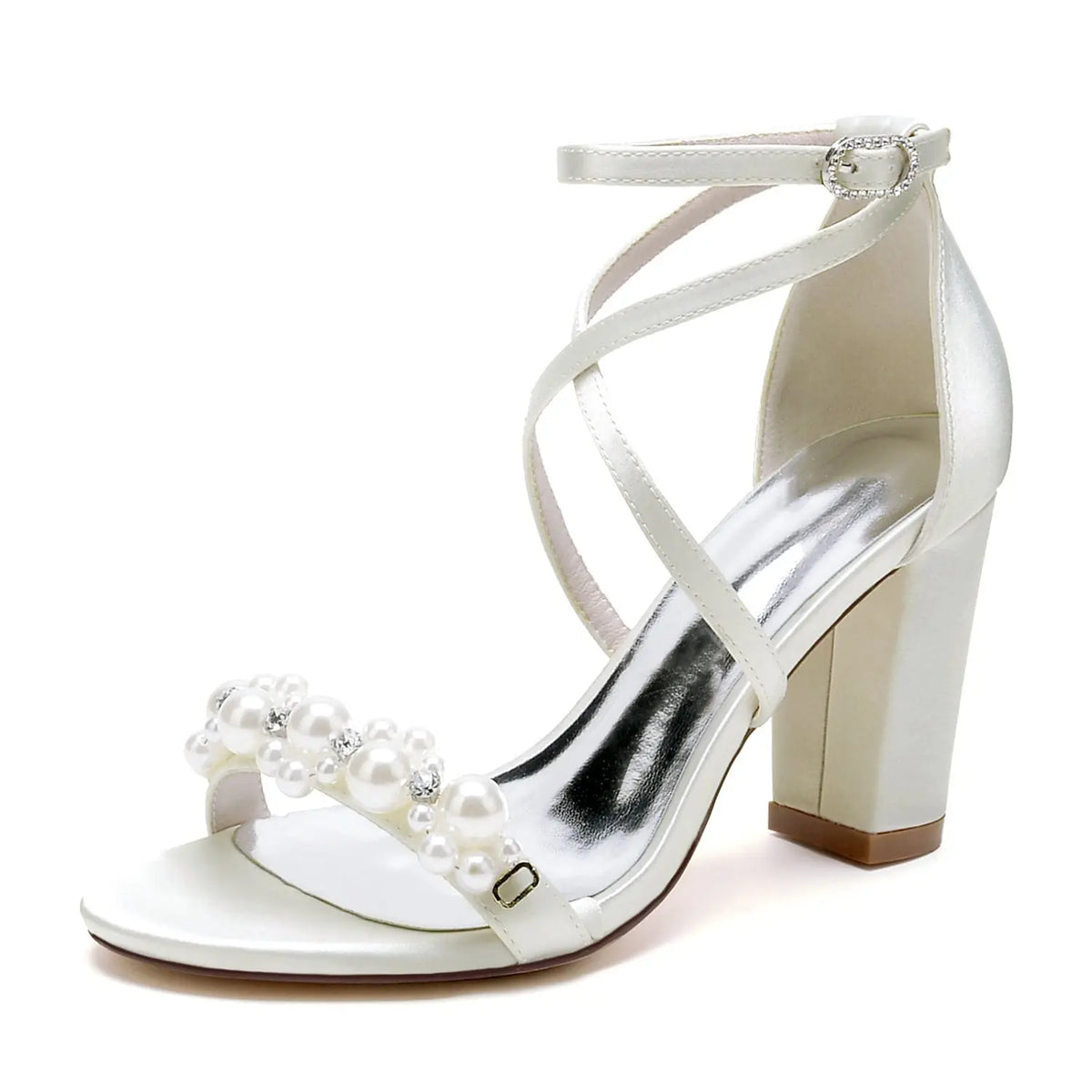 Satin Pearl Beaded Crisscross Strap Block High Heel HH023 