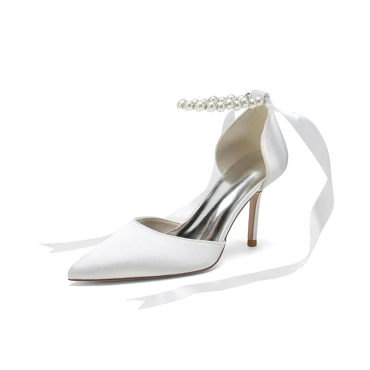 Pearl Ankle Strap Satin Stiletto High Heel with Ribbon HH029 