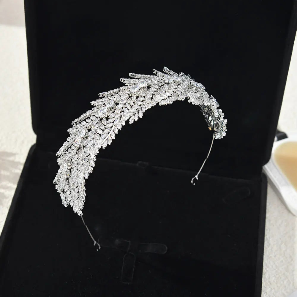 Luxurious Feather Crystal Bridal Tiara Full Rhinestone Wedding Crown for Women HP020