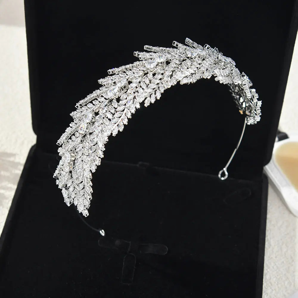 Luxurious Feather Crystal Bridal Tiara Full Rhinestone Wedding Crown for Women HP020