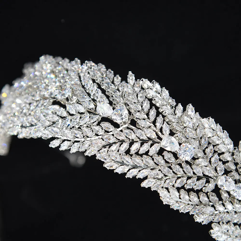 Luxurious Feather Crystal Bridal Tiara Full Rhinestone Wedding Crown for Women HP020-6
