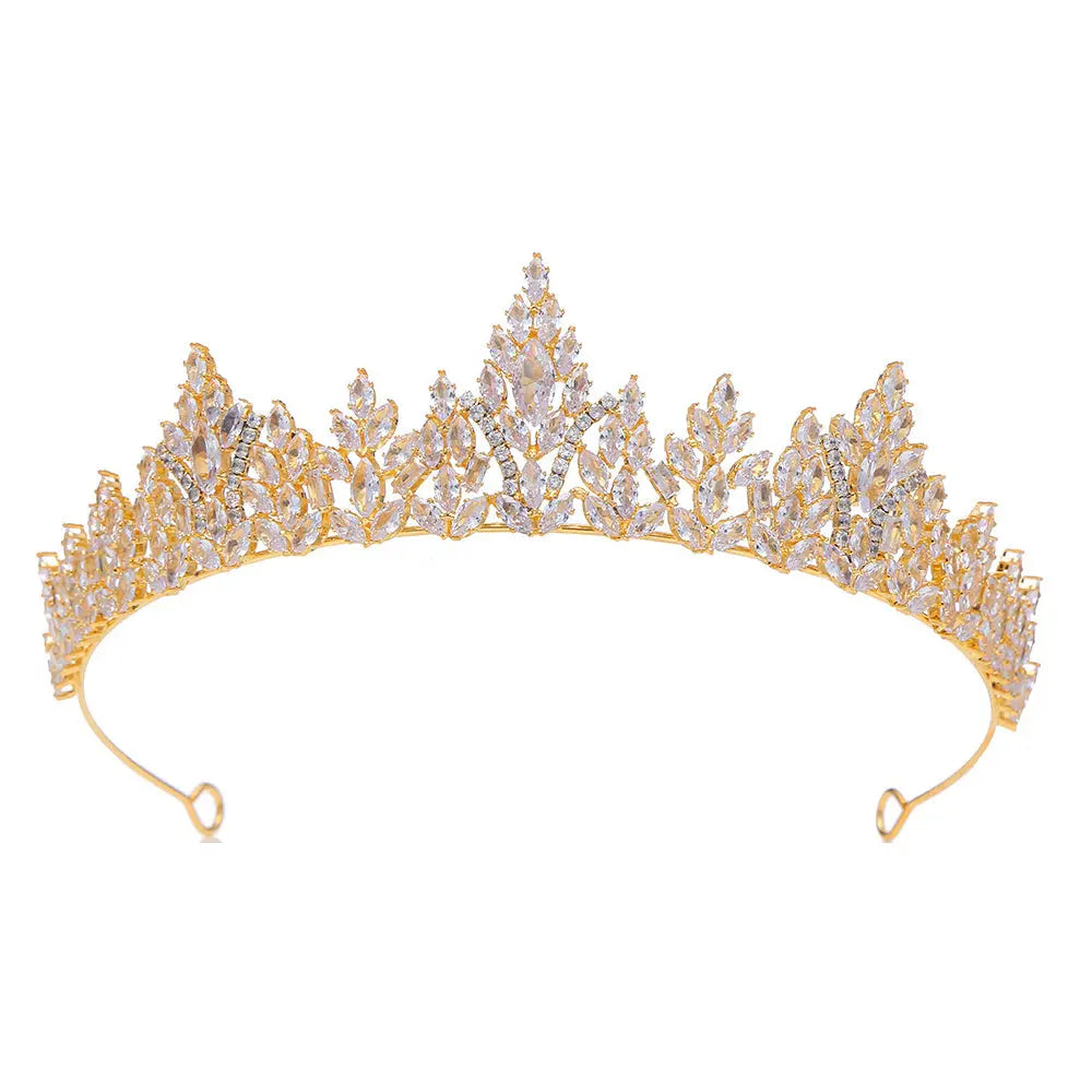 Sparkling Gold Cubic Zirconia Princess Crown Vintage Leaf Wedding Tiara HP021-7
