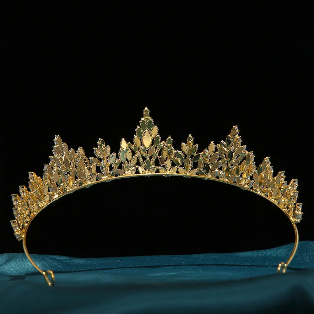Sparkling Gold Cubic Zirconia Princess Crown Vintage Leaf Wedding Tiara HP021