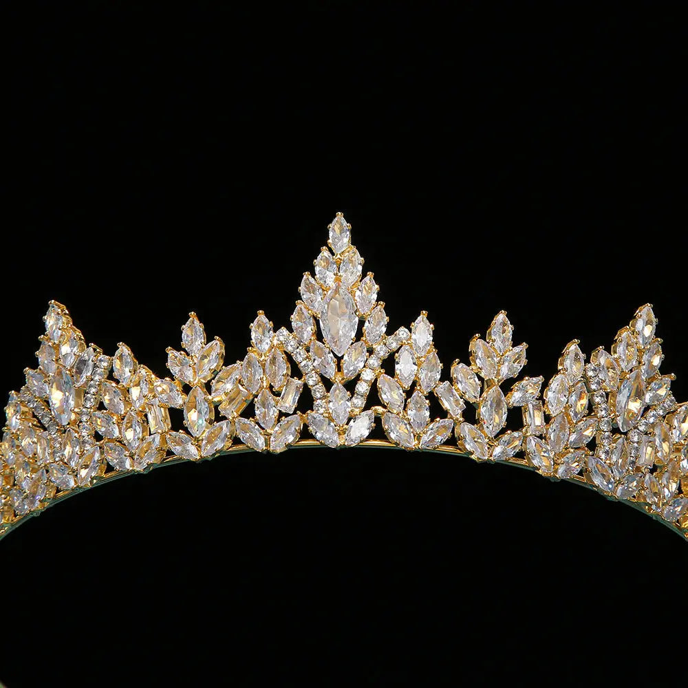 Sparkling Gold Cubic Zirconia Princess Crown Vintage Leaf Wedding Tiara HP021-6