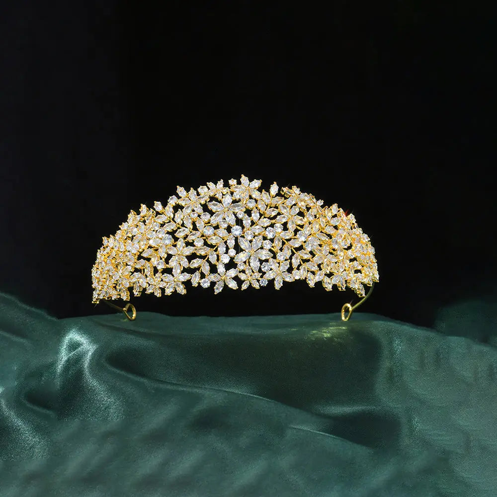 Sparkling Cubic Zirconia Bridal Tiara Floral and Leaf Bridal Headband Wedding Hair Accessories HP022