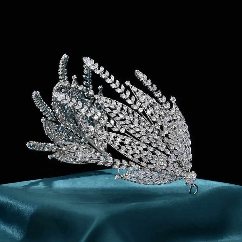 Sparkling Rhinestone Leaf Statement Princess Tiara Crown Silver Bridal Headband Piece HP028