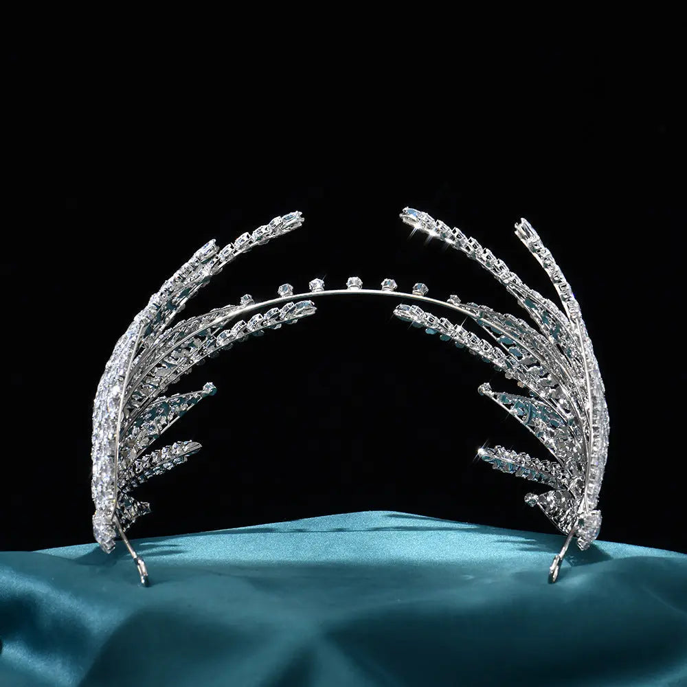 Sparkling Rhinestone Leaf Statement Princess Tiara Crown Silver Bridal Headband Piece HP028