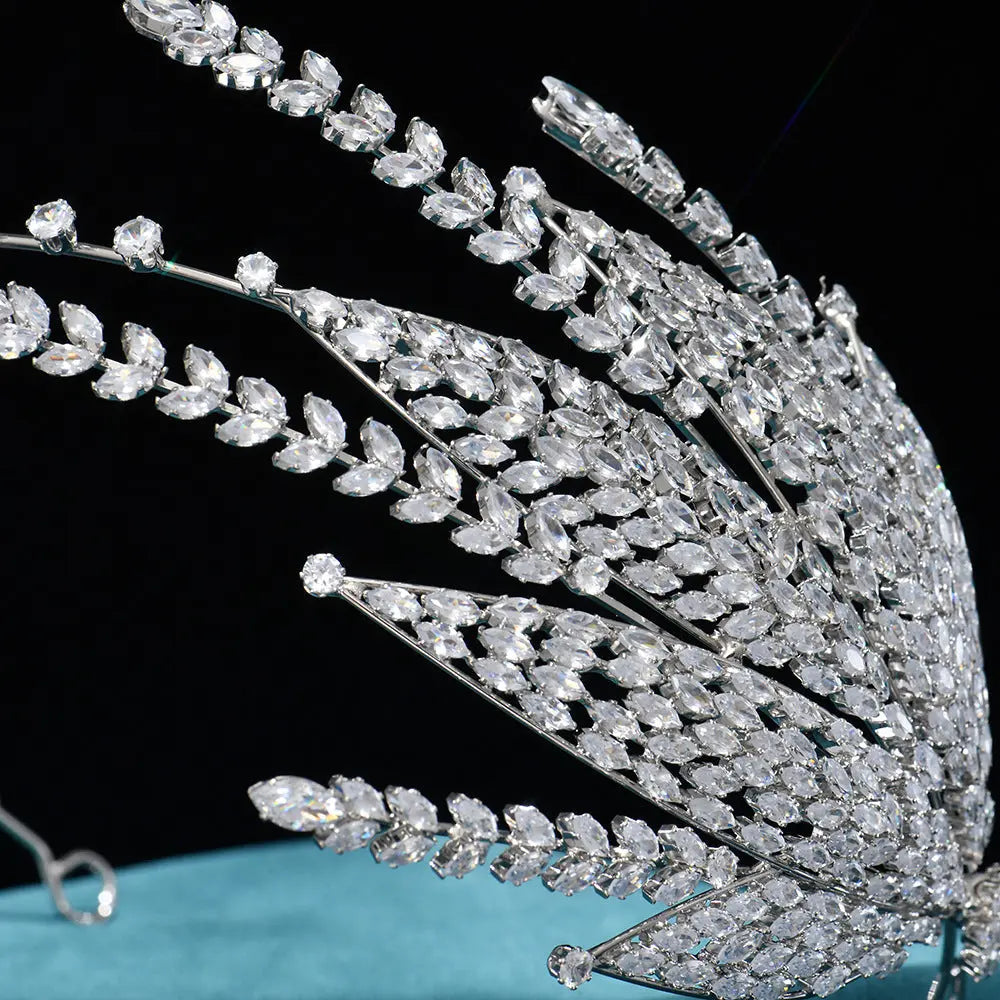 Sparkling Rhinestone Leaf Statement Princess Tiara Crown Silver Bridal Headband Piece HP028-3