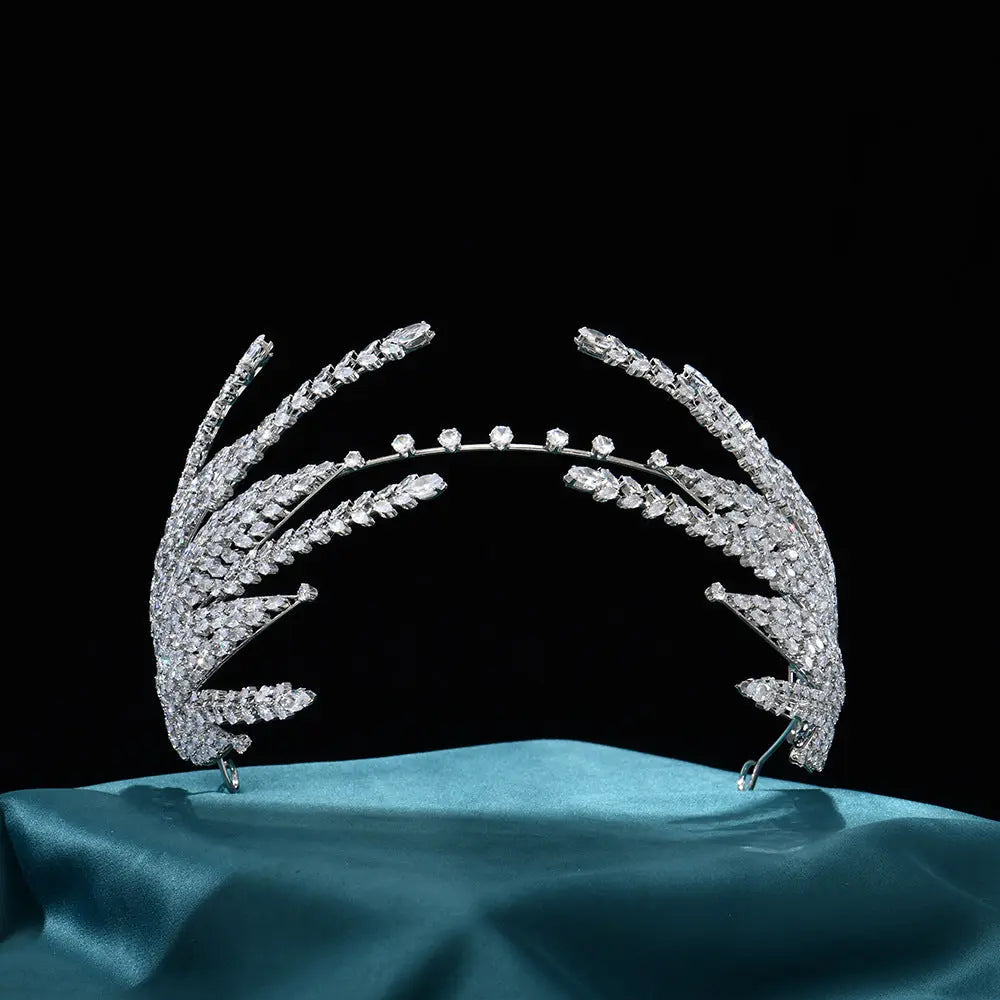 Sparkling Rhinestone Leaf Statement Princess Tiara Crown Silver Bridal Headband Piece HP028-5